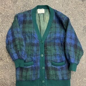 Donegal Designs Ireland Cardigan Mens Mohair Wool Plaid Button Up Sweater VTG